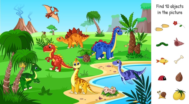 Jogo de objetos escondidos dinossauro floresta tropical jogo visual quebra-cabeça localização para encontrar 10 objetos paisagem berrante de desenho animado infantil com cena vetorial de dinos