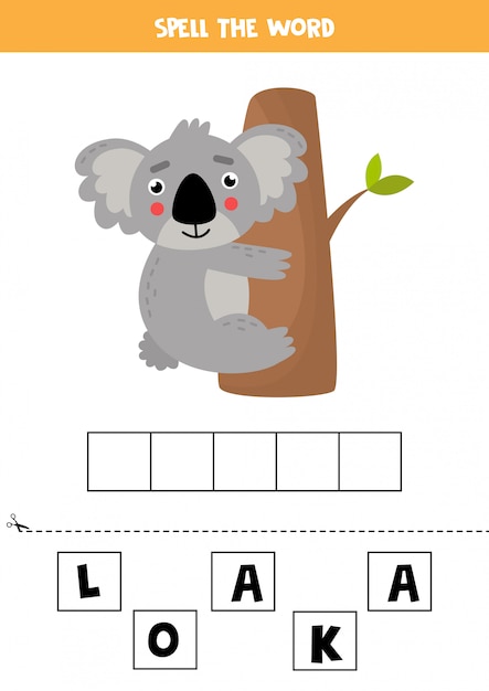Jogo de ortografia para crianças. Coala bonito dos desenhos animados na árvore.
