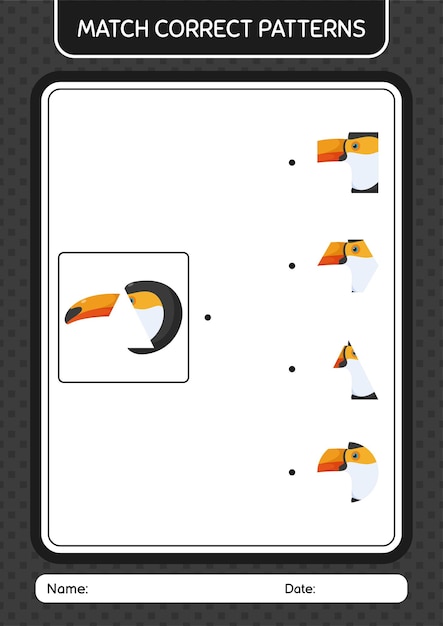 Jogo de padrão de correspondência com planilha de tucano para folha de atividades de crianças pré-escolares