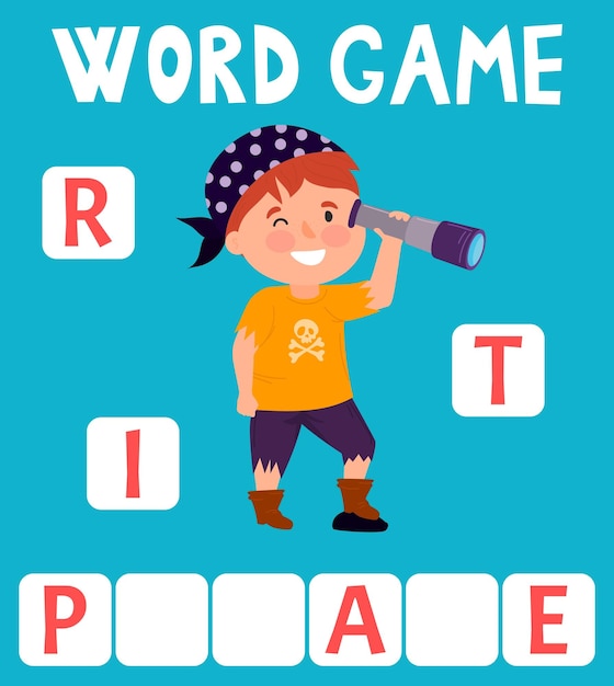 Vetor jogo de palavras scrabble organizado em palavras com texto tema de piratas pirata com luneta