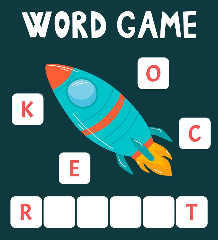 Vetor jogo de palavras scrabble organizado em palavras com texto tema espacial foguete
