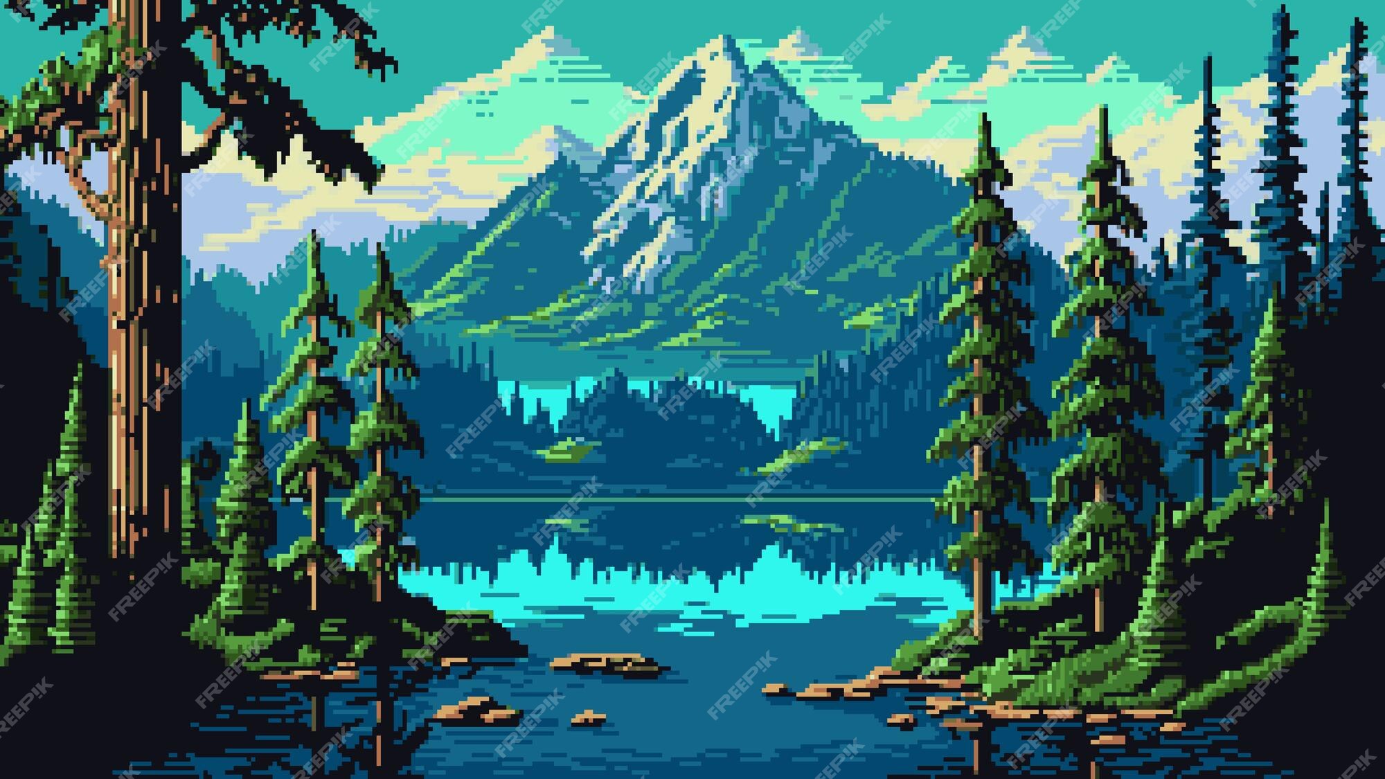 Fundo sem costura de pixel art localização com montanhas nevadas à noite  paisagem para jogo