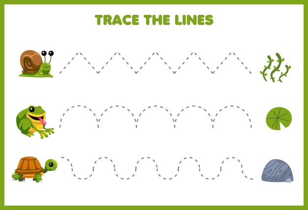 Vetor jogo de prática de caligrafia traçar as linhas com bonito verde animal de estimação folha de trabalho