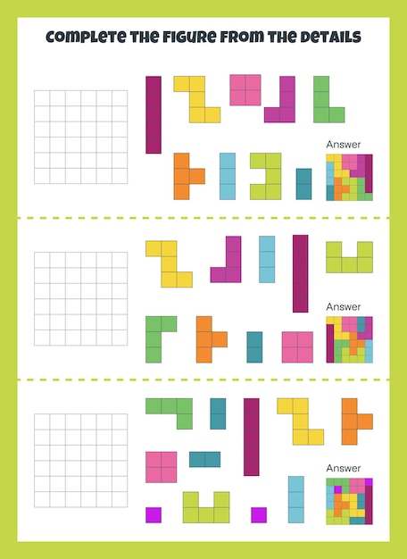 Jogo de quebra-cabeça com detalhes coloridos para crianças complete o jogo educacional quadrado para crianças