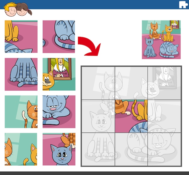 Jogo de quebra-cabeça com personagens de animais de gatos em quadrinhos