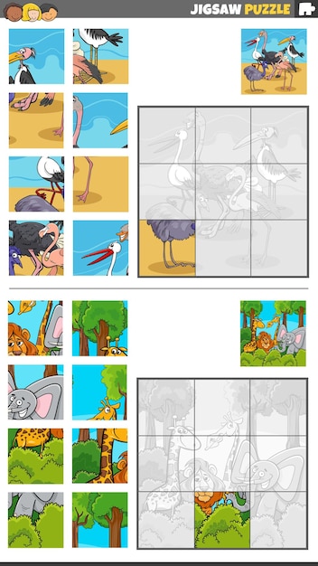 Jogo de quebra-cabeça com personagens de animais selvagens de desenho animado