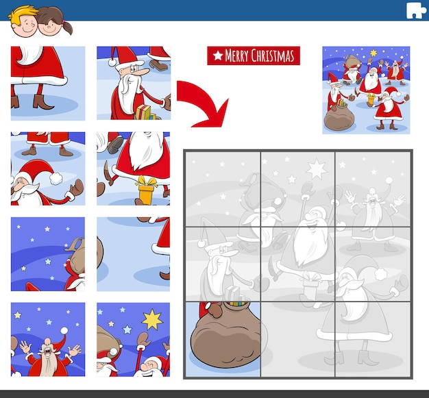 Jogo de quebra-cabeça com personagens de desenhos animados do papai noel na época do natal