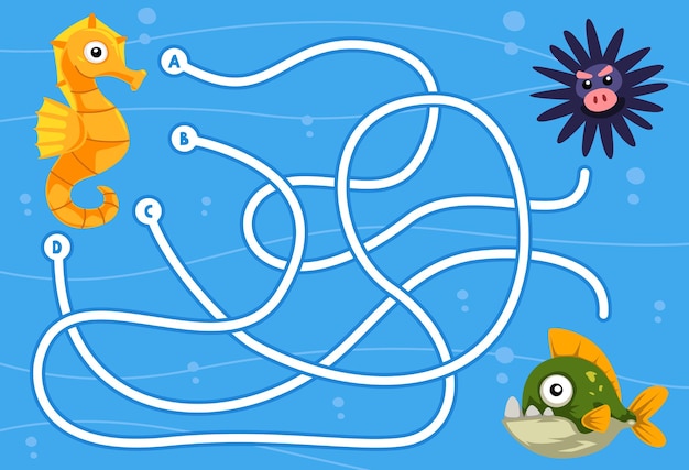Jogo de quebra-cabeça de labirinto para crianças com ouriço-do-mar de desenho animado bonito e planilha subaquática imprimível de piranha