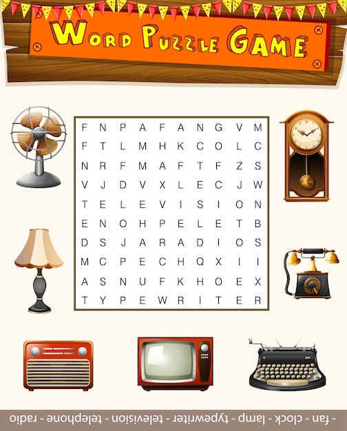 Vetor jogo de quebra-cabeça de palavras para objetos antiqu