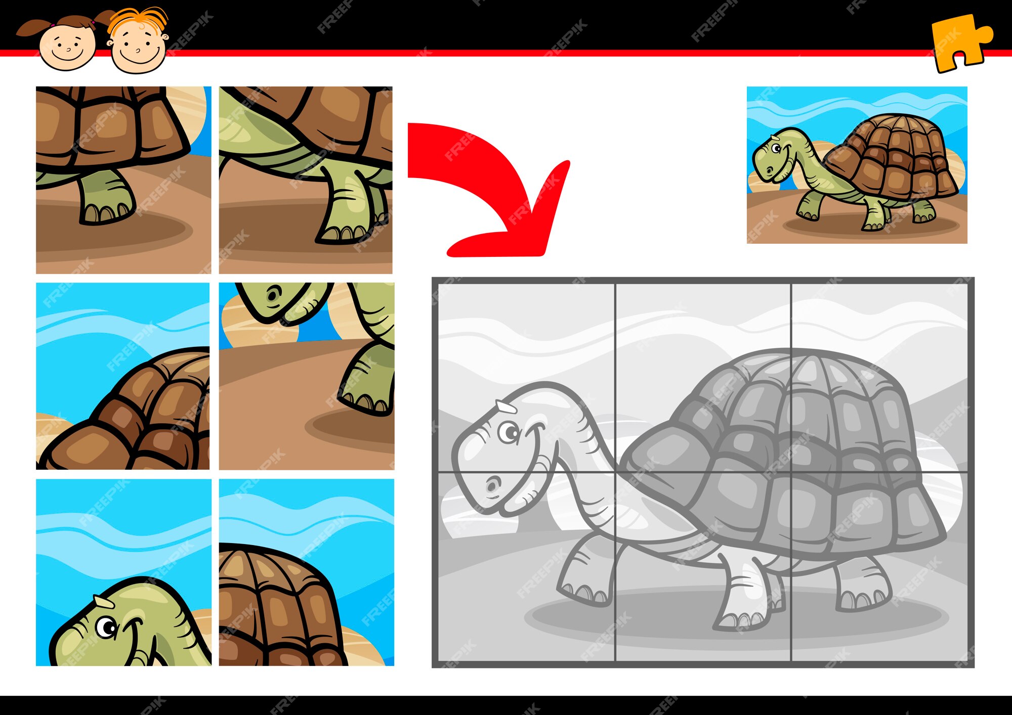 Jogo de quebra-cabeça de tartaruga de desenhos animados, Vetor Premium