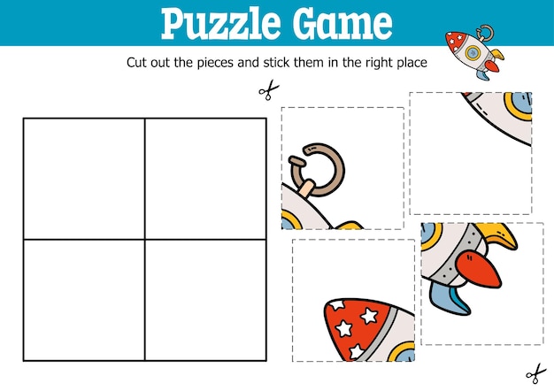jogo de quebra-cabeça educacional para crianças para cortar e colar peças com foguete doodle