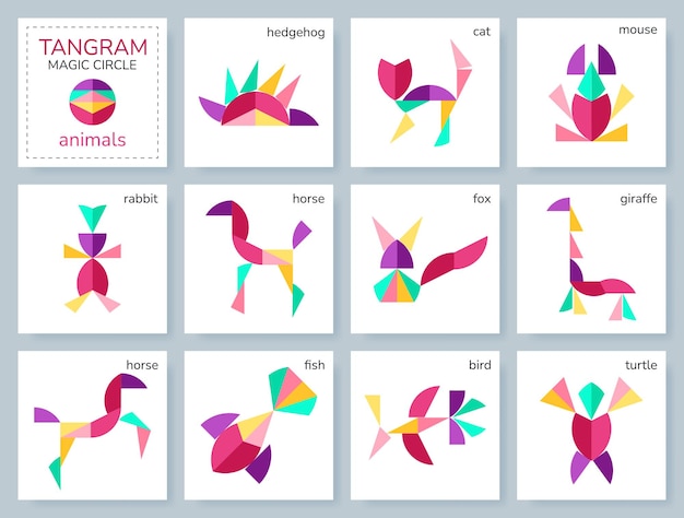 Jogo de quebra-cabeça Tangram para crianças Coleção geométrica colorida com animais isolados Círculo mágico