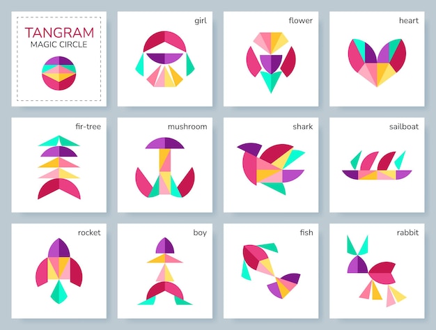 Jogo de quebra-cabeça Tangram para crianças Coleção geométrica colorida com objetos isolados Círculo mágico