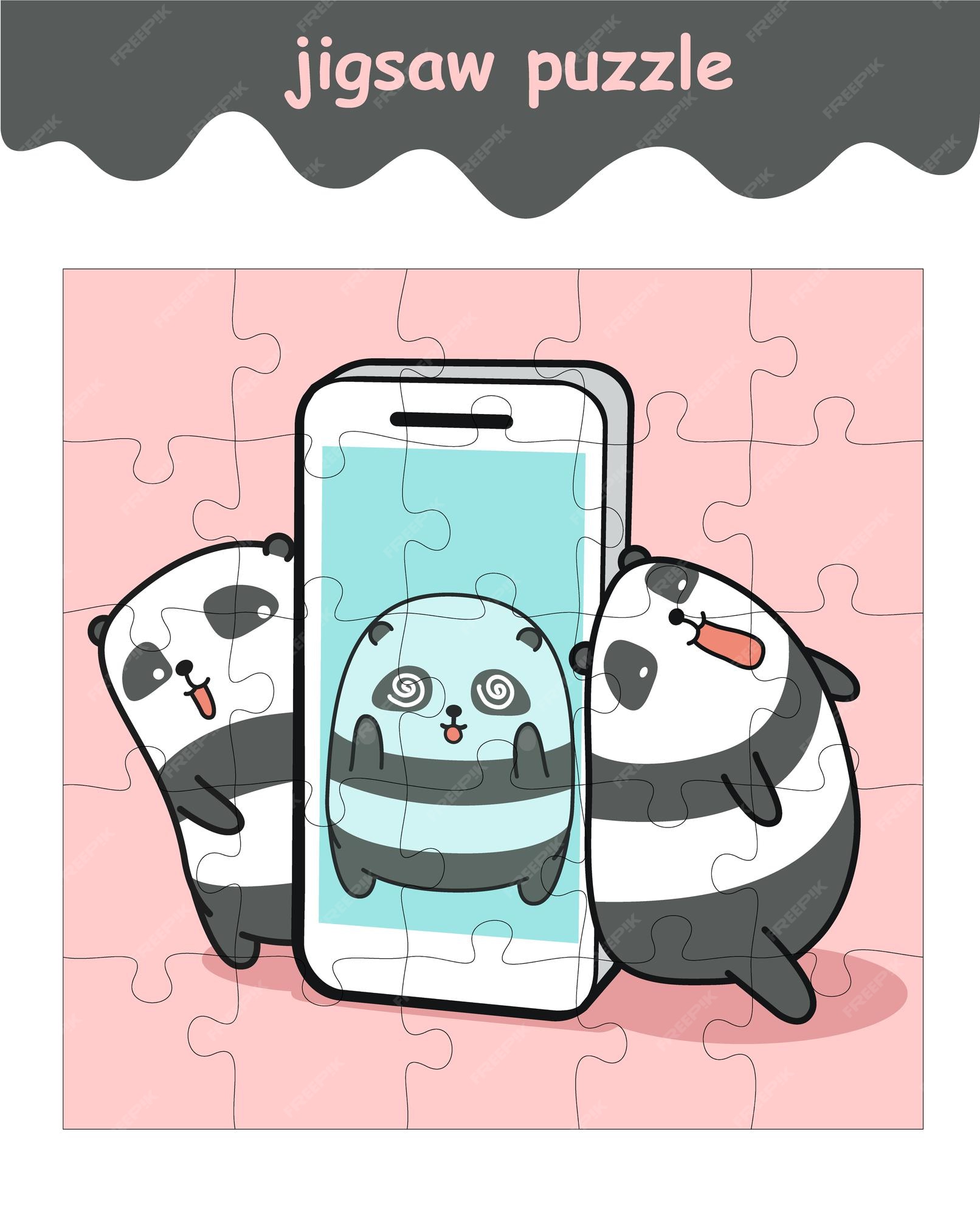 Jogo de quebra-cabeças de adoráveis pandas com celular