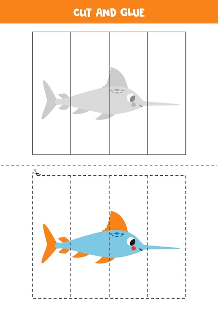 Jogo de recortar e colar para crianças lindo peixe-espada