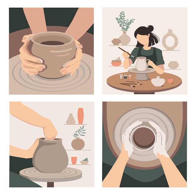 Jogo de rodas de oleiro. Oficina de Potter. Ilustração vetorial