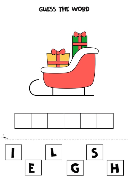 Jogo de soletrar para crianças. trenó de natal dos desenhos animados.