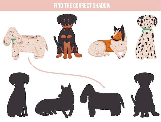 Jogo de sombra para crianças com cachorros fofos no estilo cartoon
