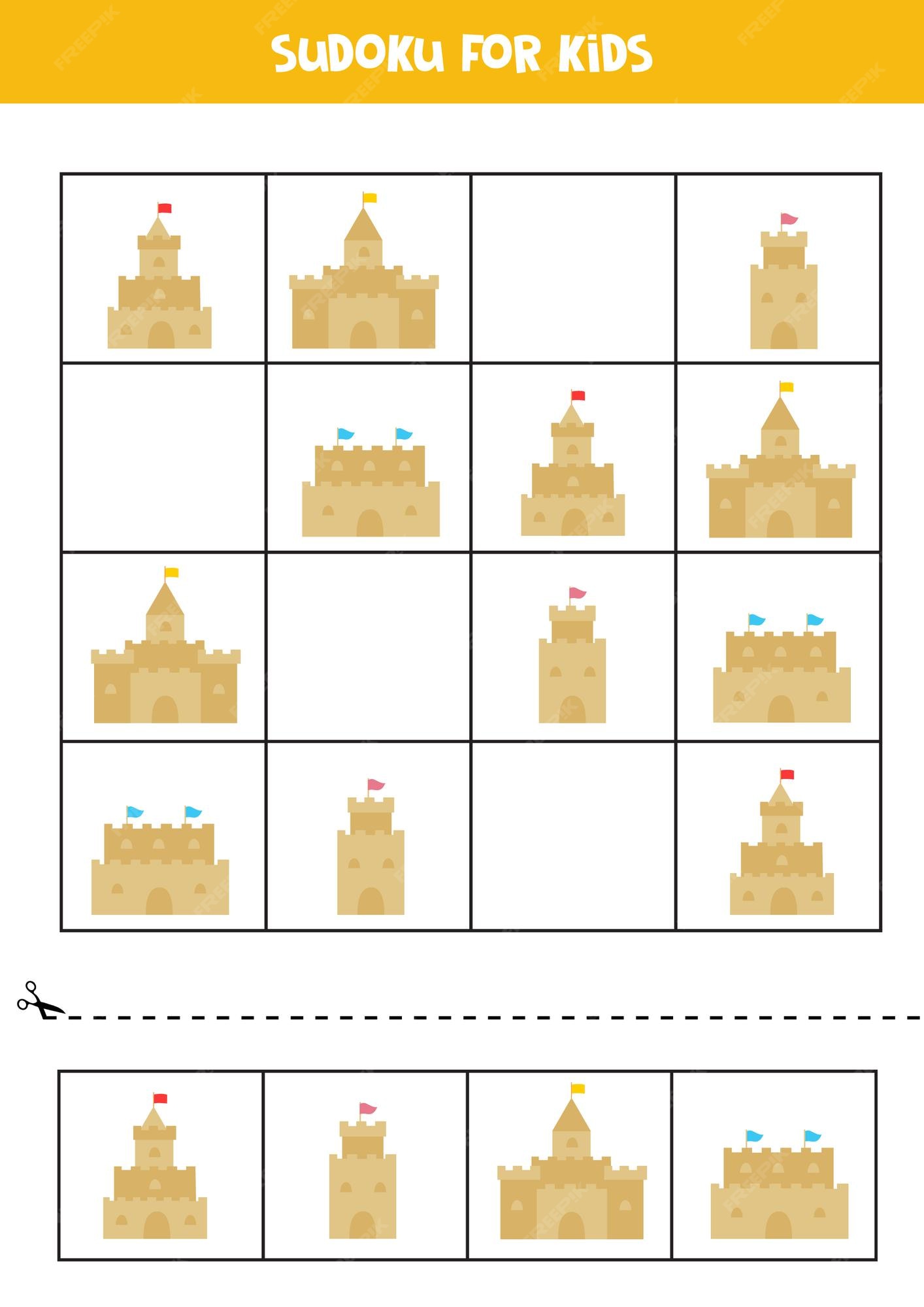 Sudoku para crianças em idade pré-escolar. jogo lógico com sol, nuvem e  guarda-chuva.