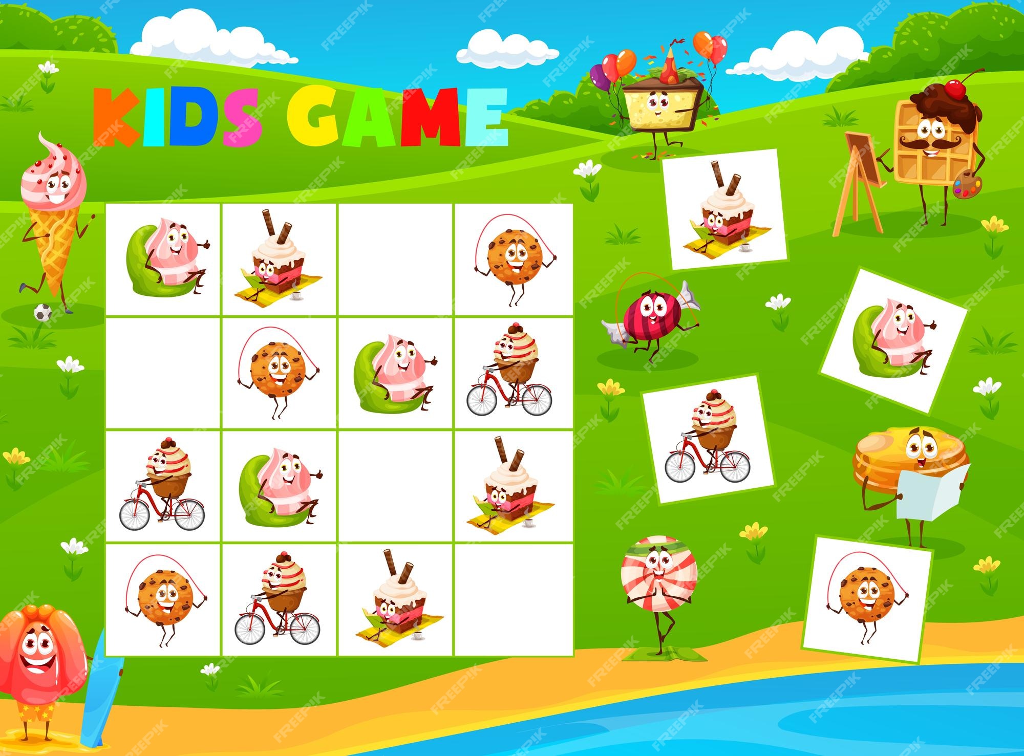 Sudoku jogo infantil desenhos animados sobremesas bolos doces