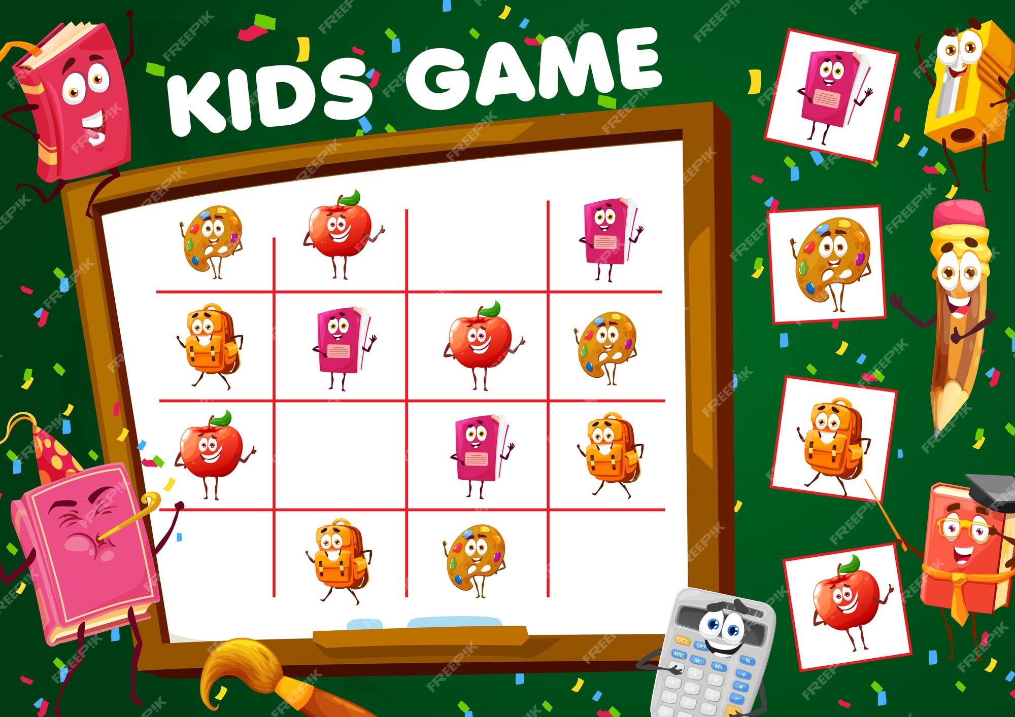 Jogo infantil sudoku, doces de desenho animado, personagens de