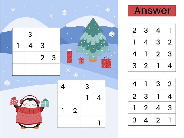 Jogo de sudoku com pinguim fofo e árvore de natal