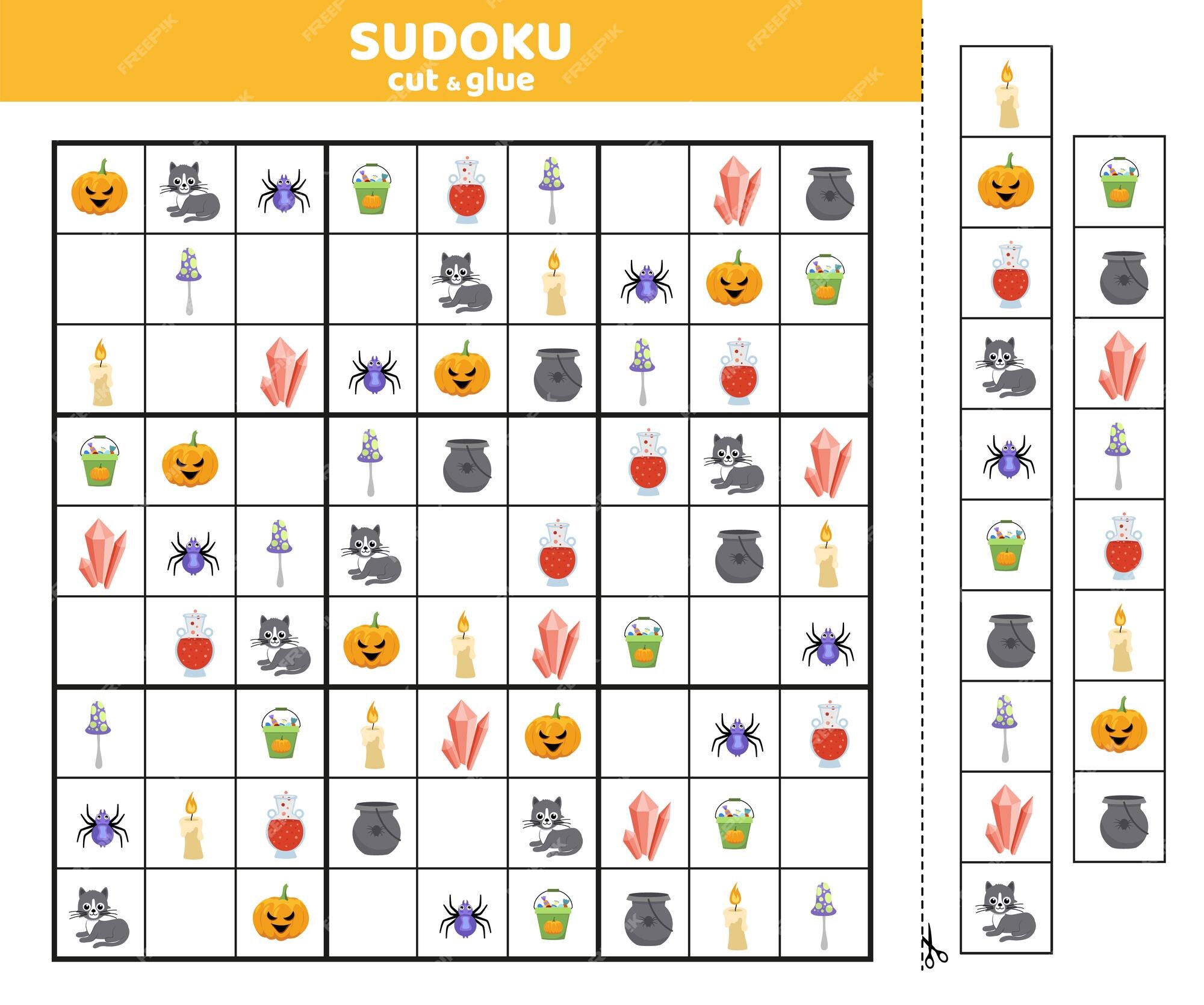 Jogo de sudoku infantil com guloseimas de halloween. exercício lógico de  crianças, atividade de jogo de quebra-cabeça de crianças. cookie de desenho  animado com cobertura de crânio, bolinho de chocolate e maçã