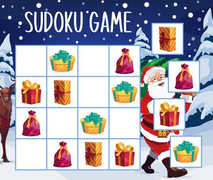 Vetor jogo de sudoku de presentes de natal ou modelo de quebra-cabeça. jogo mental para educação infantil ou enigma lógico com o personagem de desenho animado do papai noel, árvore de natal e caixas de presentes com fitas, atividade educacional