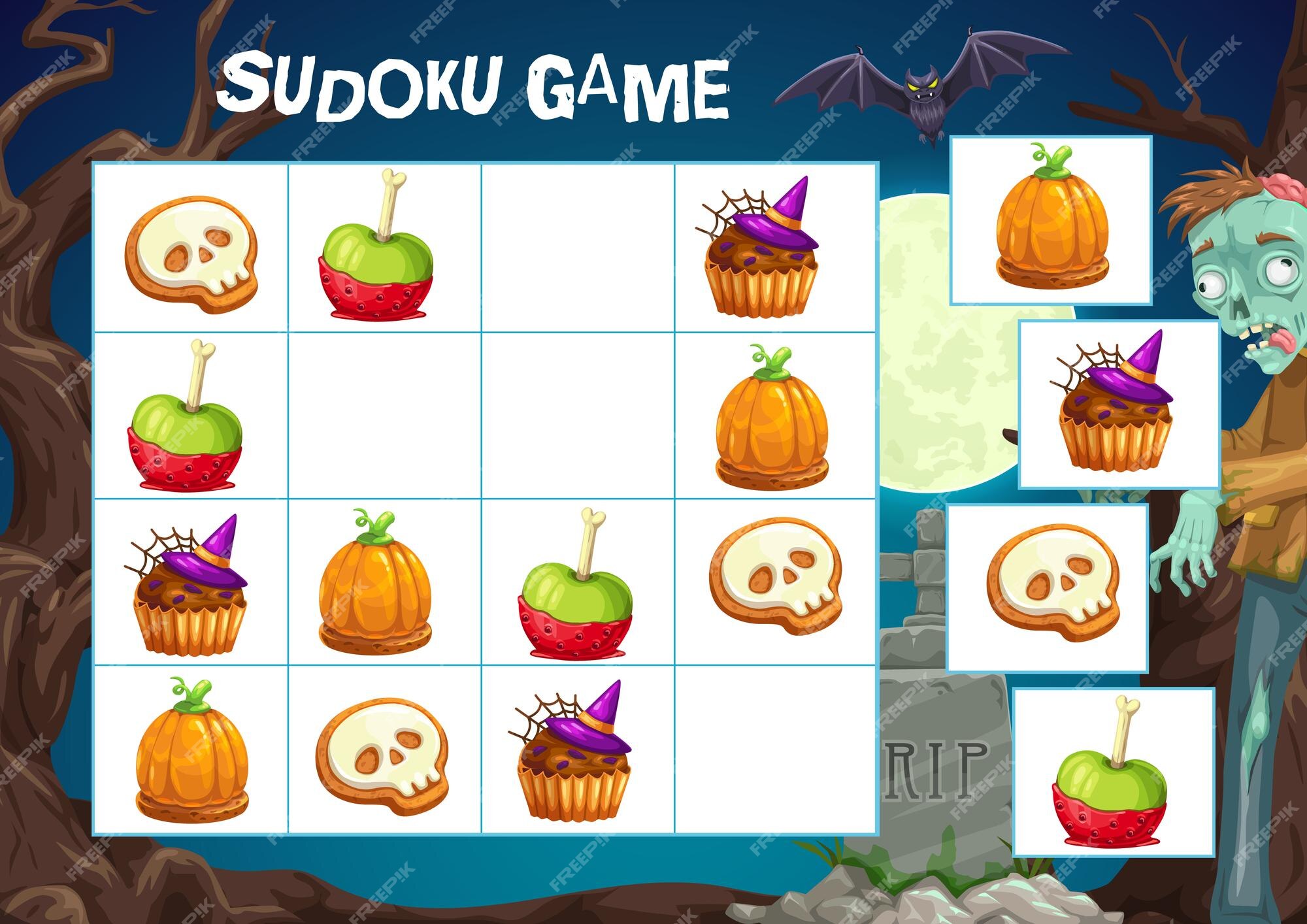 Jogo de sudoku infantil com guloseimas de halloween. exercício lógico de  crianças, atividade de jogo de quebra-cabeça de crianças. cookie de desenho  animado com cobertura de crânio, bolinho de chocolate e maçã