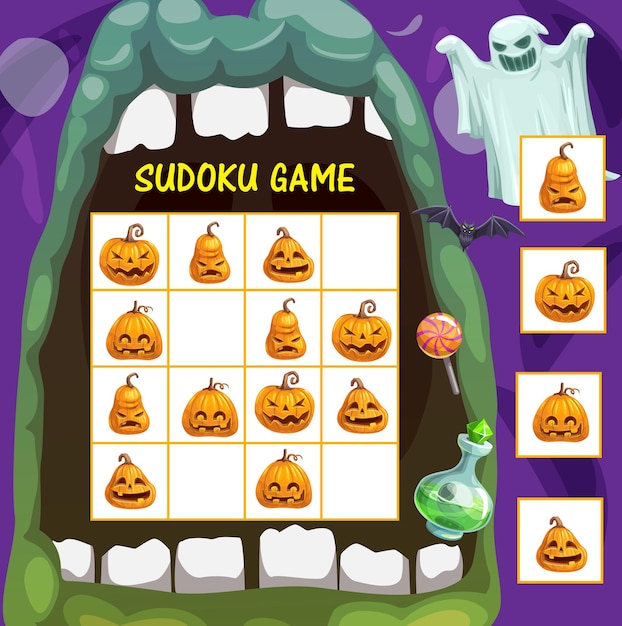 Jogo de sudoku infantil com jack o lantern de halloween