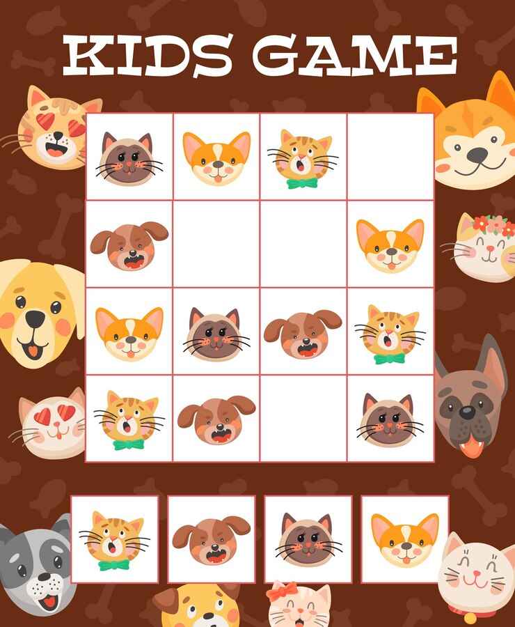 Vetor jogo de sudoku para crianças, cachorros e cachorros engraçados de desenho animado