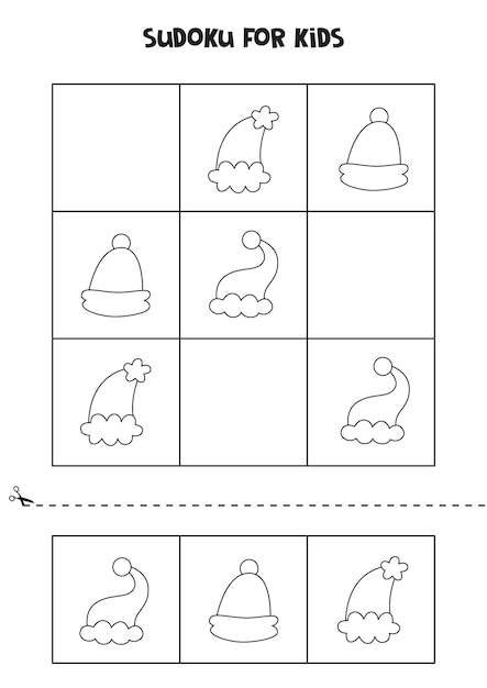 Jogo de sudoku para crianças com chapéus de papai noel em preto e branco.