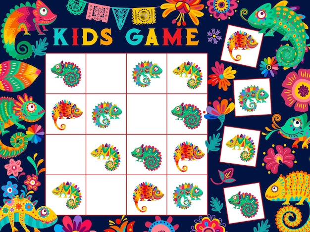 Vetor jogo de sudoku para crianças com flores de camaleões mexicanos