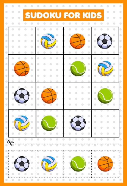 Vetor jogo de sudoku para crianças com fotos de bola