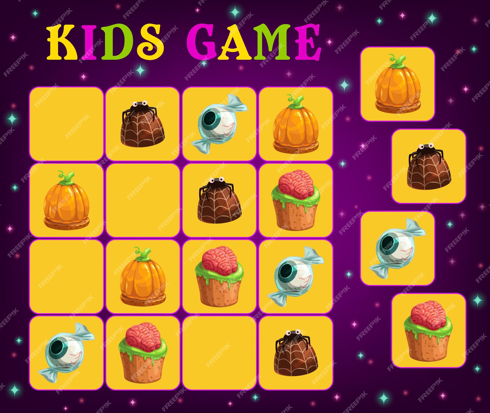 Jogo de sudoku infantil com guloseimas de halloween. exercício lógico de  crianças, atividade de jogo de quebra-cabeça de crianças. cookie de desenho  animado com cobertura de crânio, bolinho de chocolate e maçã