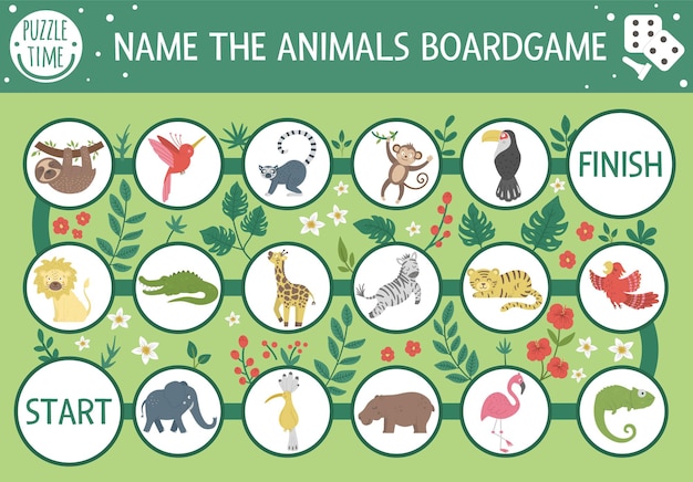 Jogo de tabuleiro de aventura tropical para crianças com animais fofos, plantas, pássaros. jogo de tabuleiro exótico educacional. nomeie a atividade dos animais. jogo de verão para crianças