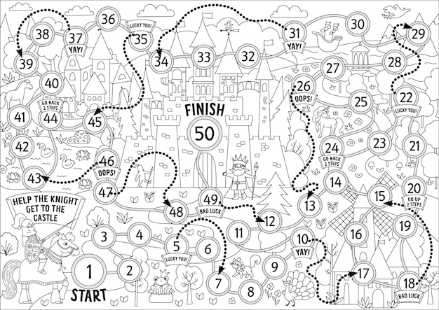 Jogo de tabuleiro de dados de conto de fadas preto e branco com paisagem medieval jogo de tabuleiro de linha do reino mágico planilha imprimível de atividade de conto de fadas para crianças página para colorir com castelo de cavaleiroxa