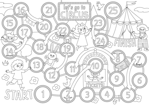 Jogo de tabuleiro de dados em preto e branco de circo para crianças com menino correndo para palhaços de marquise show de diversões ou jogo de tabuleiro de linha de férias atividade do festival de entretenimento ou página para colorirxa