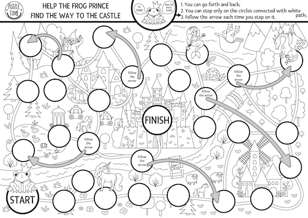 Vetor jogo de tabuleiro de dados em preto e branco de conto de fadas com mapa de vila medieval jogo de tabuleiro de linha do reino mágico planilha imprimível de atividade de conto de fadas para crianças página para colorir com castelo do príncipe sapoxa