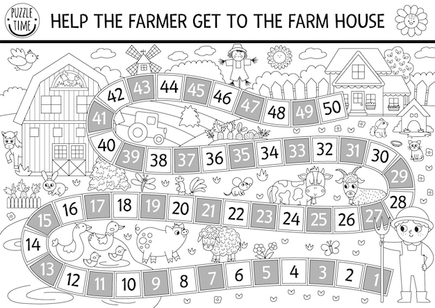 Jogo de tabuleiro de dados em preto e branco de fazenda para crianças com paisagem de vila jogo de tabuleiro de linha de campo com jardim de celeiro página para colorir de país rural ajude o fazendeiro a chegar à casa da fazendaxa