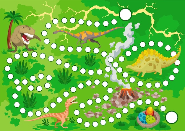 Vetor jogo de tabuleiro de dinossauros para crianças em estilo cartoon paisagem com imagem de caminho de pontos mapa de aventura do parque de dinossauros labirinto de tabuleiro jogo de tabuleiro pré-histórico educacional