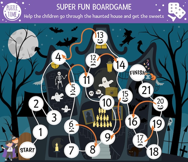 Jogo de tabuleiro de halloween para crianças com casa mal-assombrada e crianças fofas. jogo de tabuleiro educacional com morcego, esqueleto, fantasma. ajude as crianças a realizarem a atividade de impressão do chalé assustador.