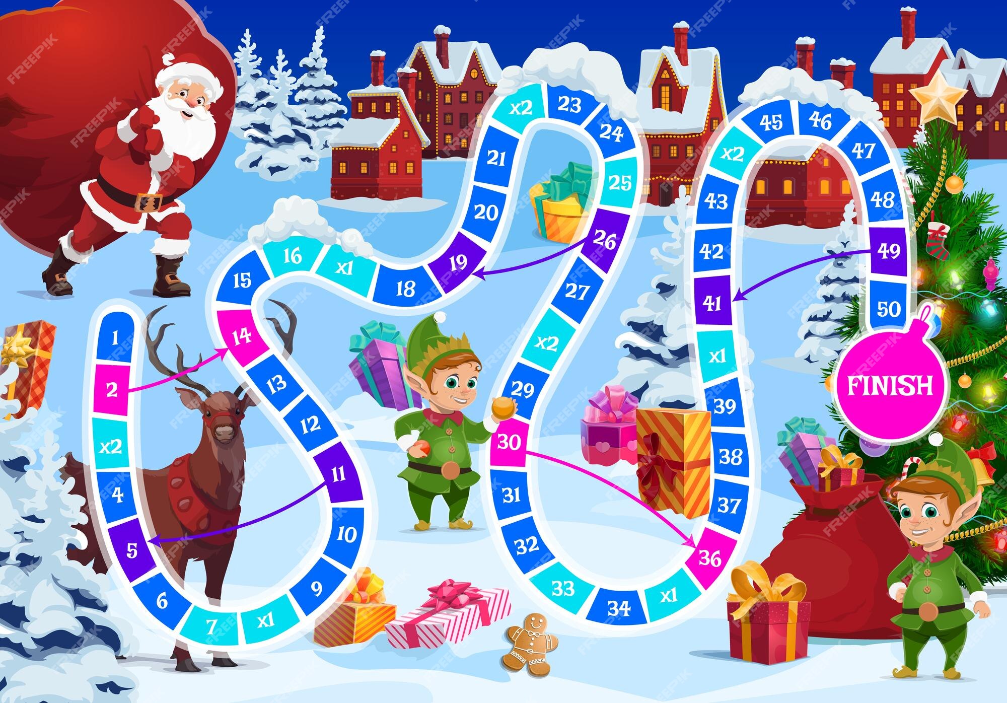 Jogo de tabuleiro de natal para crianças com animais fofos e papai noel.  jogo de tabuleiro educacional com árvore do abeto, presentes, decorações.  ajude o cervo a chegar até o papai noel.