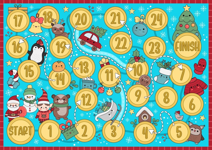 Vetor jogo de tabuleiro de natal para crianças com papai noel e uma linda árvore kawaii jogo de tabuleiro para festa de feriado de inverno com boneco de neve urso elfo ano novo para impressão, atividade de rolar um dado