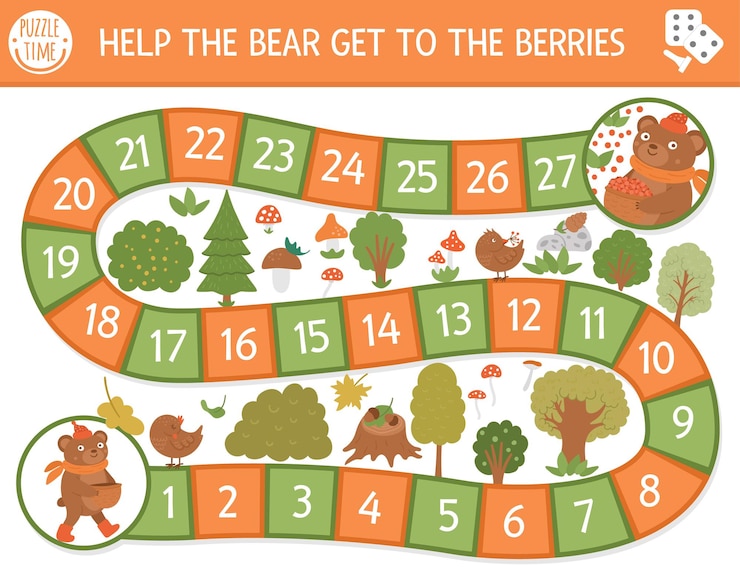 Vetor jogo de tabuleiro de outono para crianças com um lindo animal da floresta. jogo de tabuleiro educativo com ursinho. ajude o urso a chegar à atividade das bagas. planilha para impressão de outono ou ação de graças.
