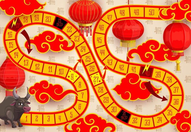 Jogo de tabuleiro infantil de ano novo com boi do zodíaco chinês e lanternas de papel