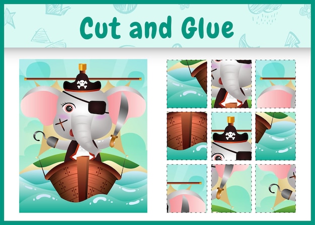 Jogo de tabuleiro infantil recortar e colar temático da páscoa com um personagem de elefante pirata fofo no navio