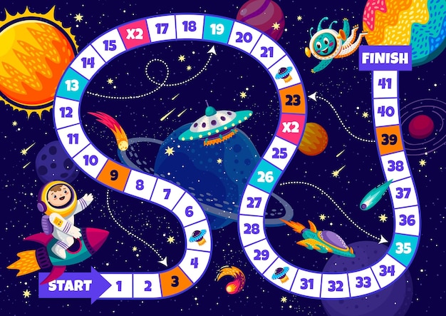 Jogo de tabuleiro para crianças com astronautas e planetas