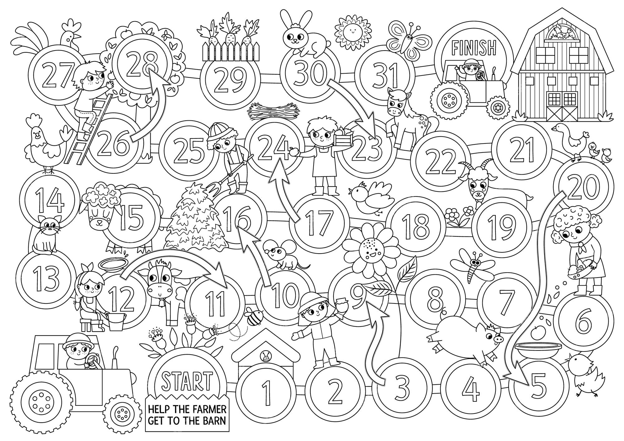 Jogo de tabuleiro preto e branco de fazenda para crianças com animais fofos  e fazendeiros infantis contorne o jogo de tabuleiro do campo com animais  tratores página para colorir do país rural
