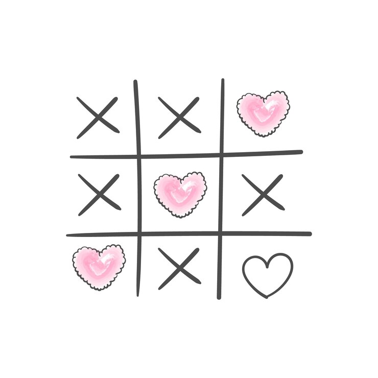 Vetor jogo de tic tac com cruz e corações desenhados à mão cartão postal de amor vetorial ilustração vetorial